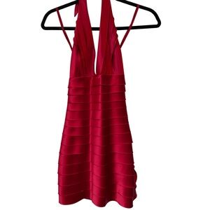 Y2K BCBG Maxazria Red Halter Pleated Satin Mini Bandage Cocktail Dress Sz 0